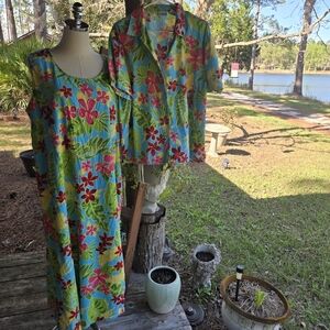 Carolina Colours Linen Blend Bright Tropical Maxi Dress And Shirt Set Size 18W